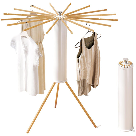 Foldable Tripod Clothes Drying Rack,Beechwood & Portable Laundry Stand, Space-Saving Collapsible Hanger with 16 Arms for Indoor & Outdoor Drying – Easy Setup, Stable Base, Fast Air-Drying Design