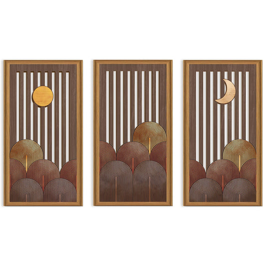 Celestdeco 3 Pcs Boho Mountain Wooden Wall Art Minimalist Geometric Artwork Pine Tree Sunrise Wood Wall Decor Bohemian Forest Hanging Decor for Living Room Bedroom Office 7.9 x15.8 Inch