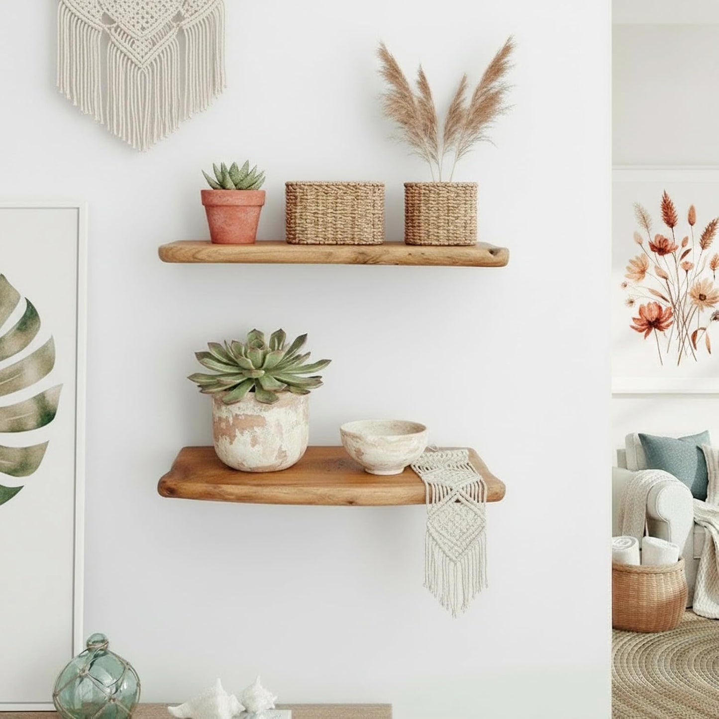 WELLAND 16" Cedar Natural Edge Floating Shelf Set of 2, Rustic Style Wall Shelves