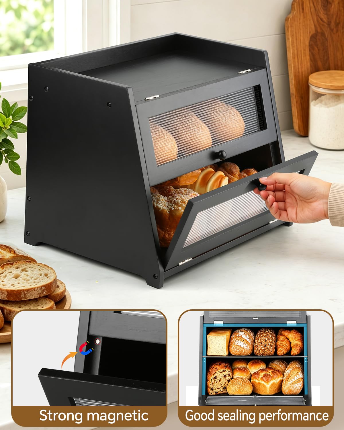 Kerisgo Bread Box for Kitchen Countertop - Double Layer Wooden Bread Storage Container for Homemade Bread,Counter Organizers and Storage for Fruits,Spices,Bread - Black