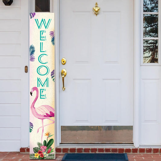 Memorywuu 47" Welcome Flamingo Summer Tropical Porch Sign Door Decoration Wooden Porch Sign with Leaves for Front Door Merry Christmas Decorations Rustic Farmhouse Hanging Wall Standing for Holiday