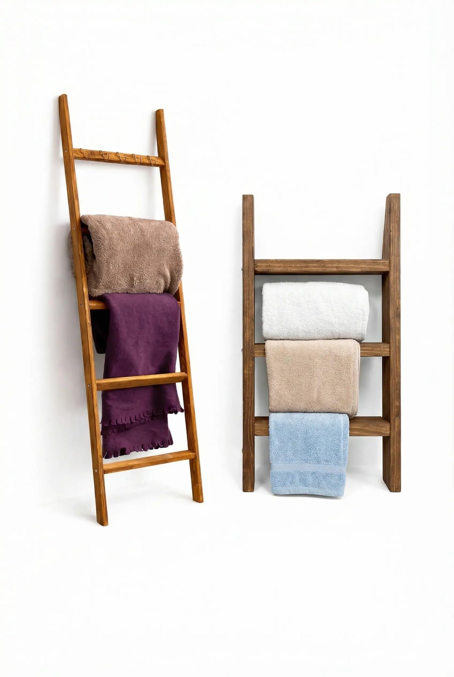 2 Pack Wooden Ladder Set, 1 pcs Blanket Ladder and 1 pcs Towel Ladder - Beech Wood 59'' inc 5 Tier and 5 Extra Hooks Blanket Ladder, Living Room and Bathroom Home Decor, Wall Decorative Shelves