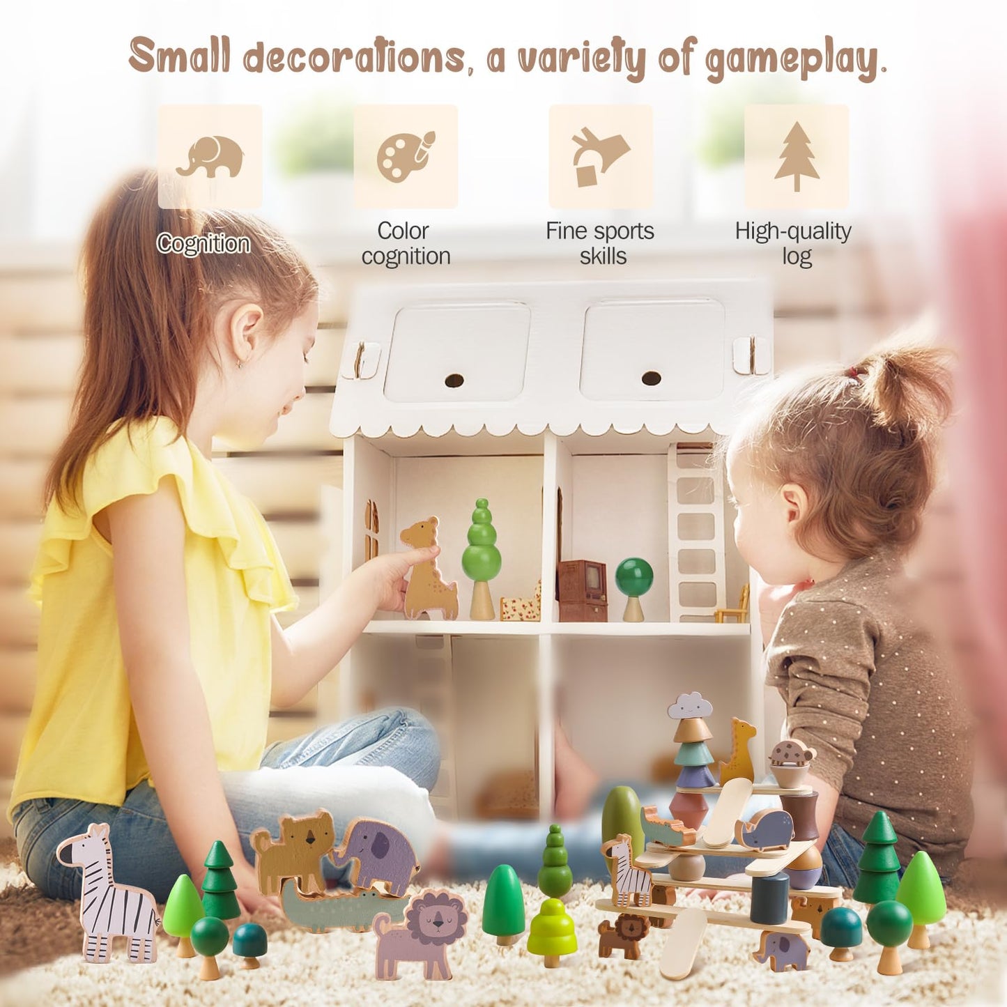 Wooden Animal Forest Balance Stacking Toy Set 36PCS Wood Miniature Tree Blocks Set Elegant Ornaments for Home Decor Wooden Mini Trees Animals Balance Toy for Toddler 36 Months+