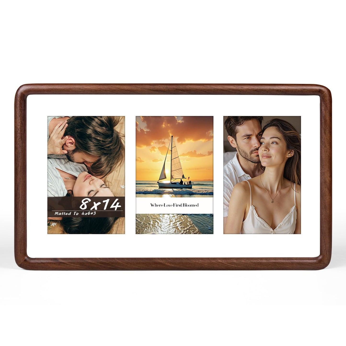 Xzwenru 8x14 Picture Frame Set of 1,Solid Walnut Wood Frame with Real Glass,Rounded Edge Wooden Photo Frame Matted to 8x14 Photo without mat or three 4x6 picture with mat, For TableTop and Wall Decoration.