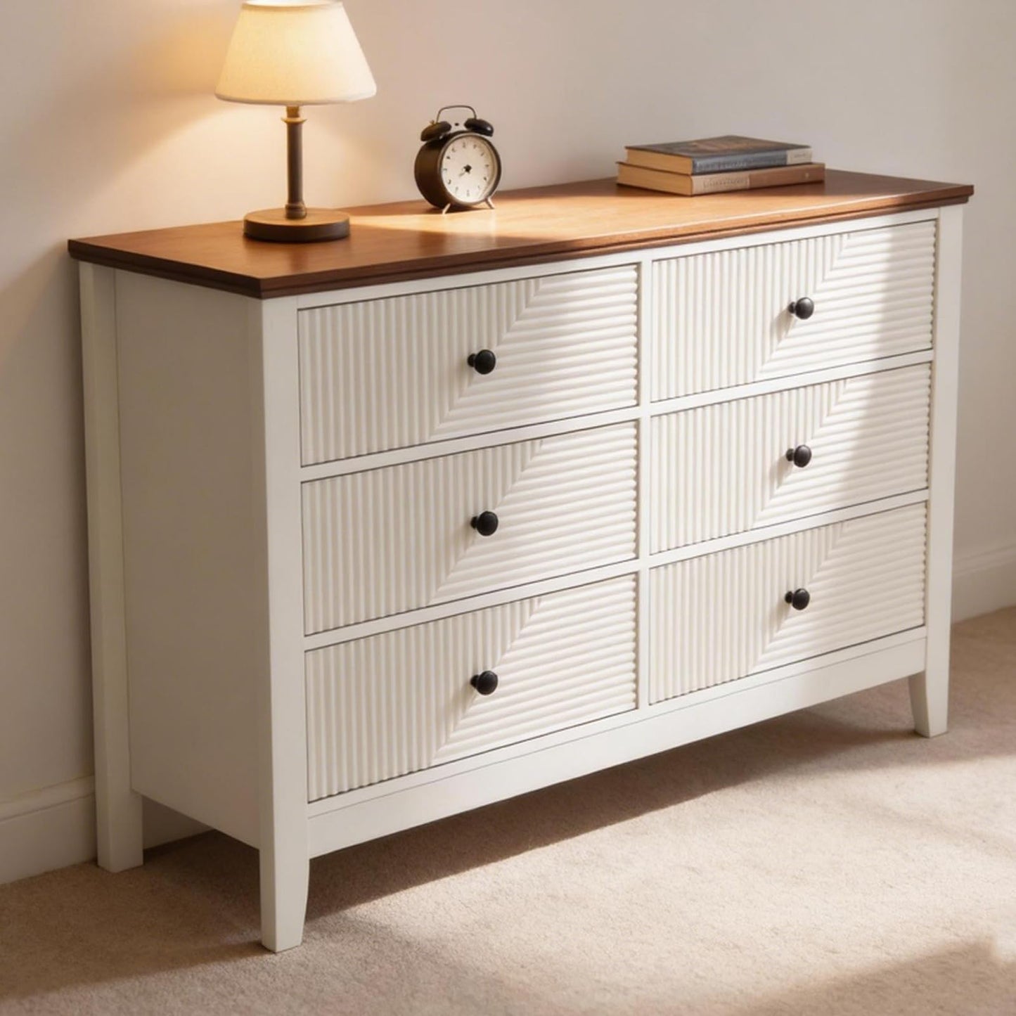 ZOOIQ White 6 Drawer Dresser for Bedroom, 47 Inch Wide Diagonal Grain Grooved Wooden, Brown Panel, Modern TV Stand Storage Cabinet, Suitable for Foyer and Aisle