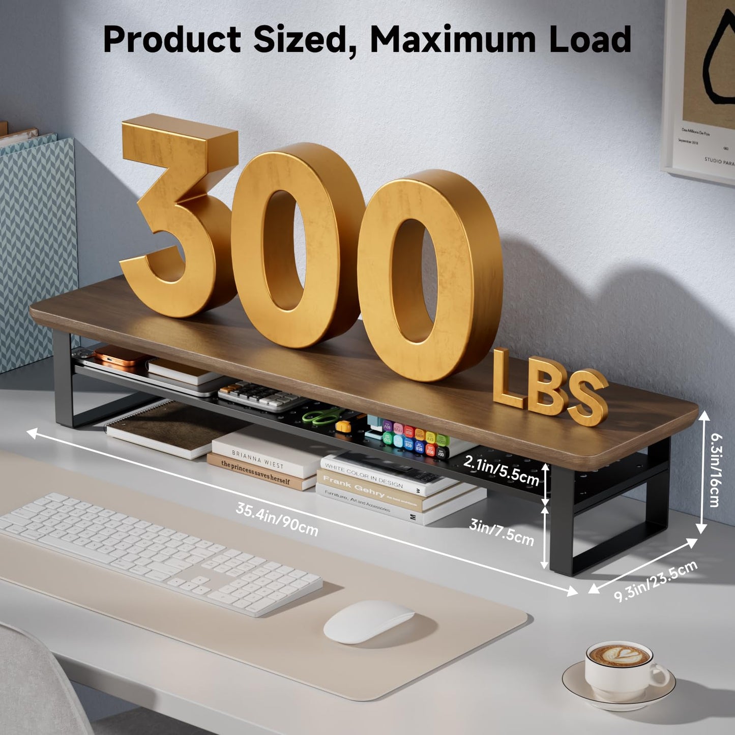 NestNeat Dual Monitor Stand, 35.4 Inch Monitor Stand Riser for 2 Monitors, 2 Tiers Wood Desk Shelf with Storage, Desktop Organizer Stand for Computer, Laptop, Printer, TV