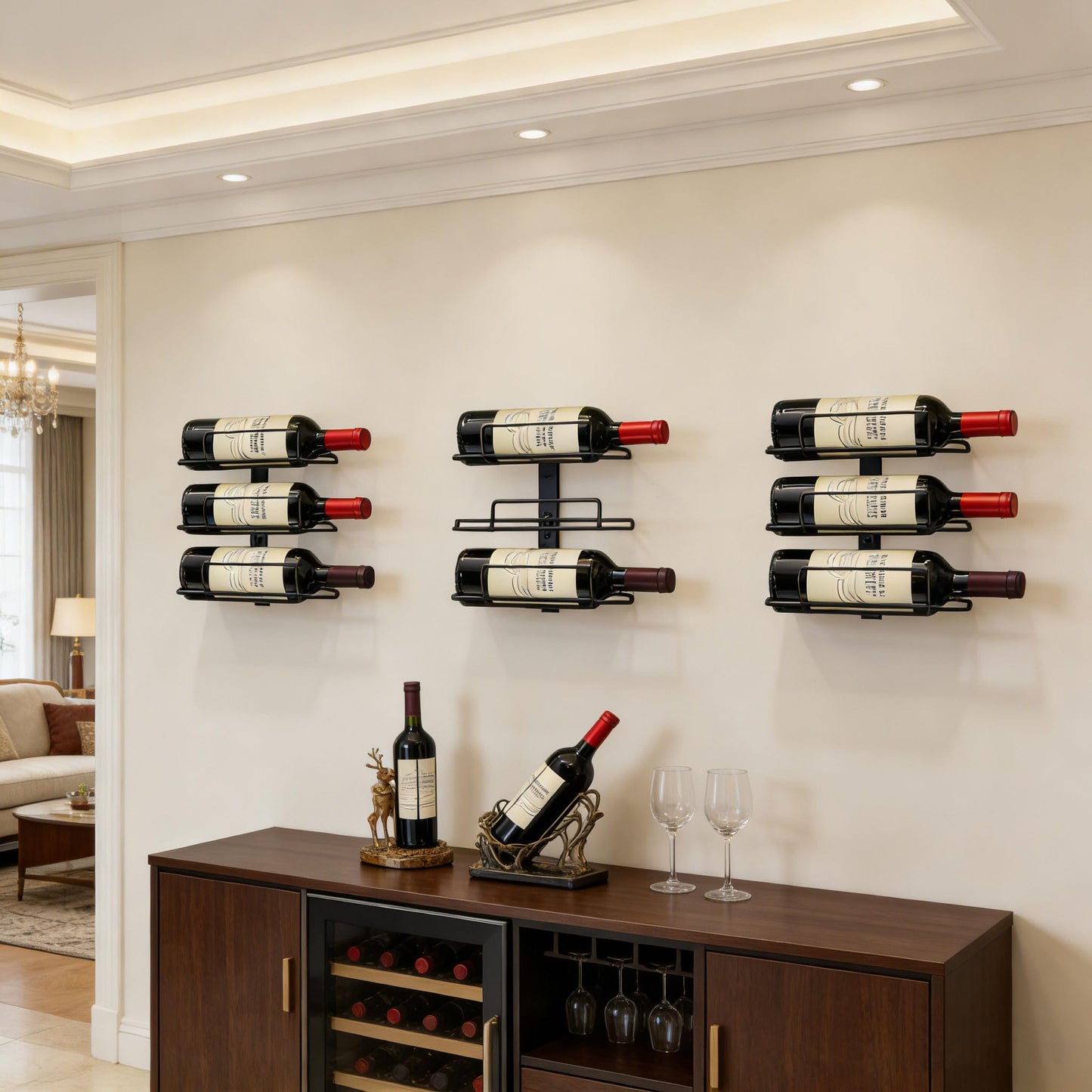 Msrorriw Wall Mount Wine Rack – 9 Bottles – Black Metal Wine Bottle Holder for Wall, Wine Rack Display for Home Bar, Kitchen