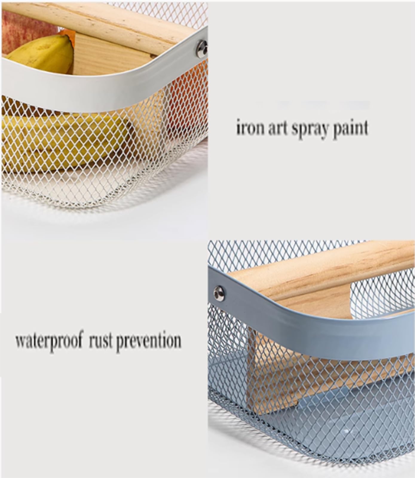 AJIODA Metal Mesh Steel Storage Basket, Garden Harvest Wire Organizer Basket Multi-functional Kitchen Fruit Basket with Wooden Removable Partition & Handle for Bath Picnic Decor Cabinet, Cream White