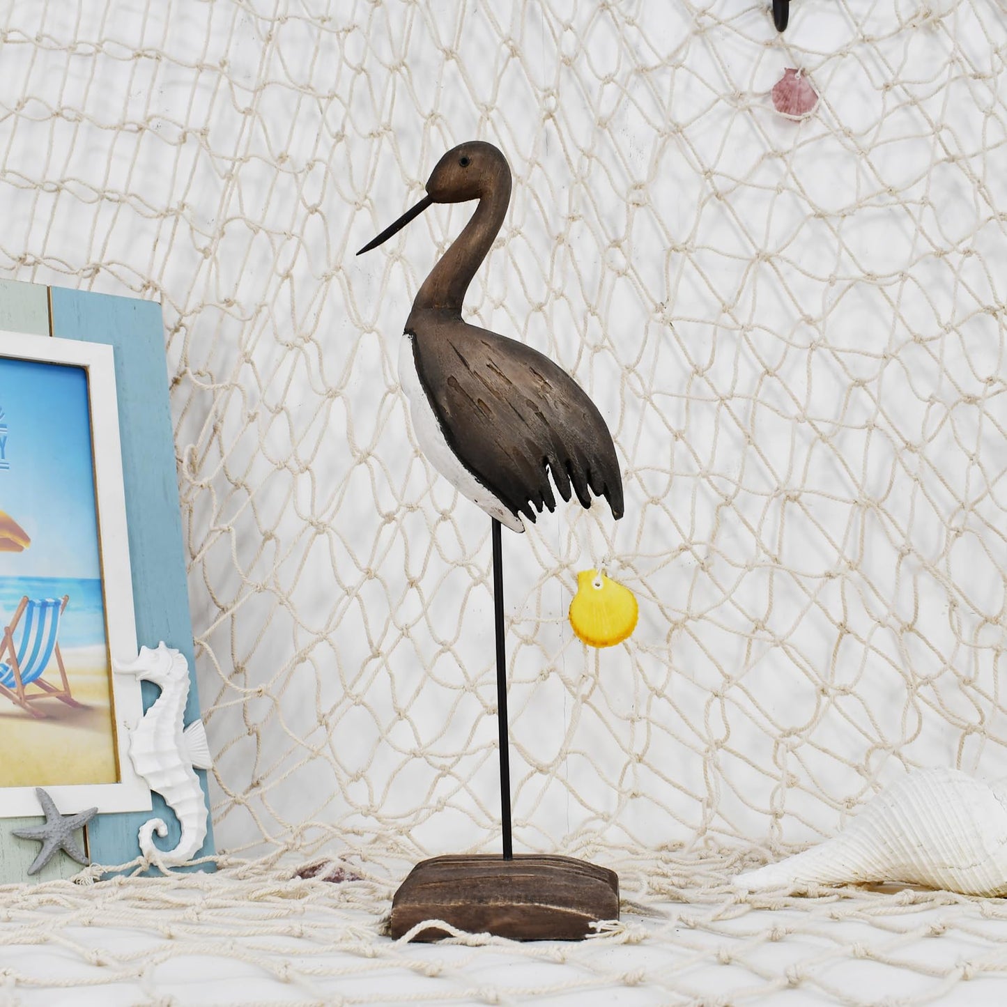 Linfevisi Crane Decor Nautical Sea Bird Sculpture Statue Solid Wood Coastal Table Decor Large Birds Figurines Standing Ocean Beach Shore Themed Bathroom Home Decor Summer Shelf Indoor 12.4 Inch