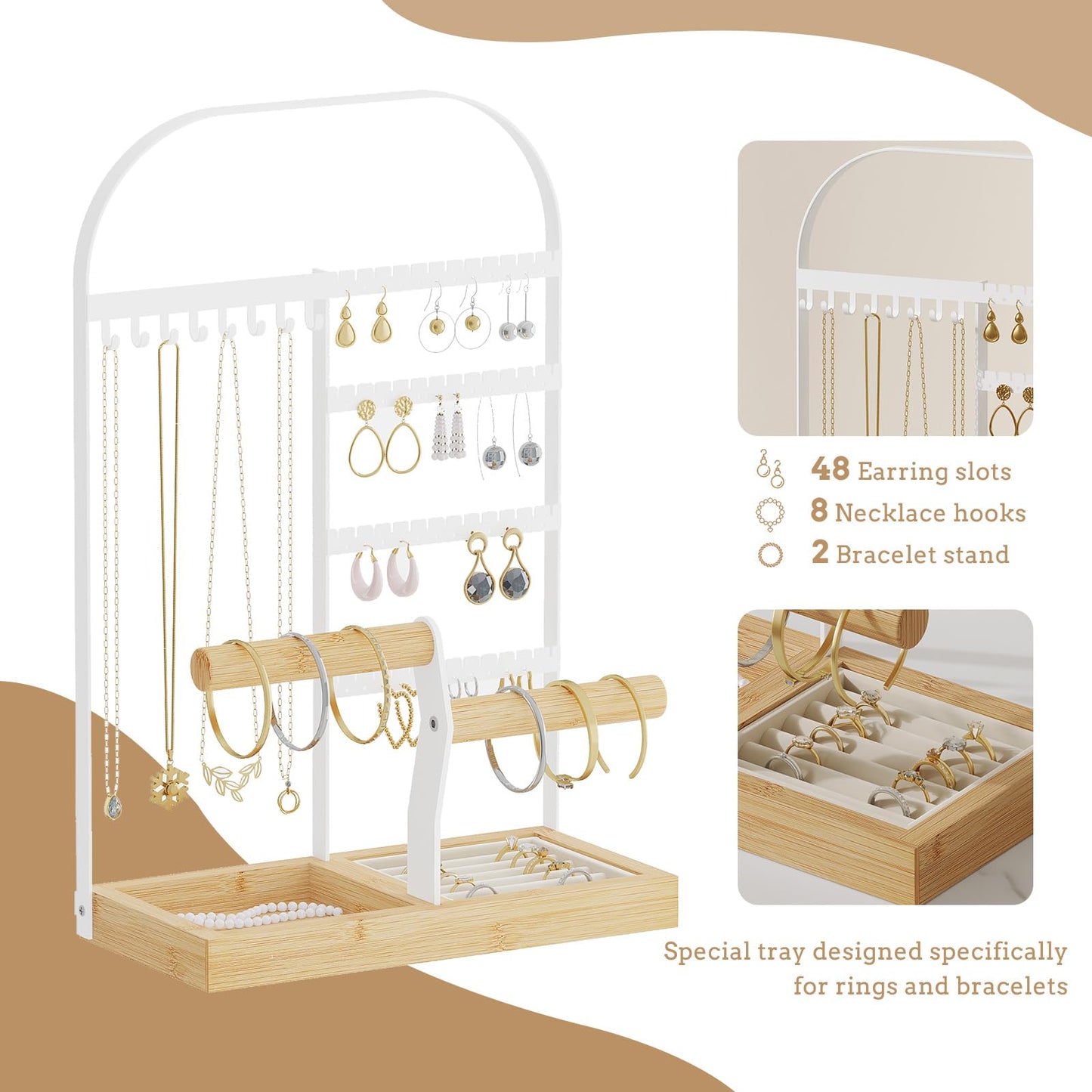 BMOSU Jewelry Organizer Stand with Velvet Ring Holder 2 Bracelet Holder Display 4 Tier Jewelry Rack with 8 Necklace Hooks and 48 Earring Holes Organizer Storage Wooden Box White