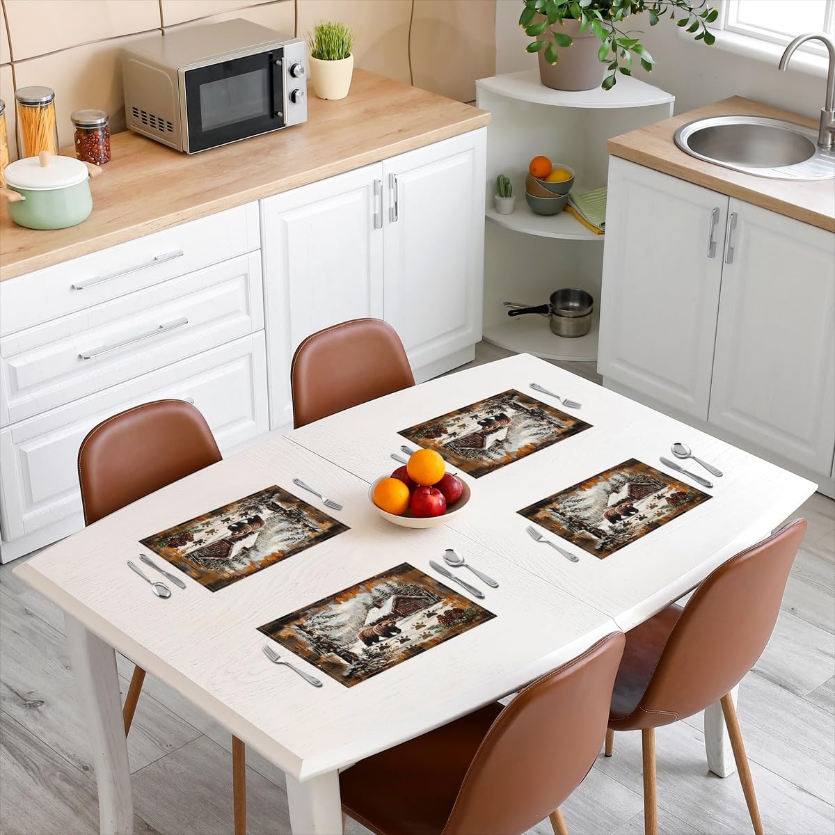 Lodge Cabin Placemats 12x18 Inch Set of 4 Pine Trees Wild Animal Jungle Bear Table Mats for Kids Teens Adults Wooden Stripes Winter Farmhouse Rustic Kitchen Mats for Dining Table