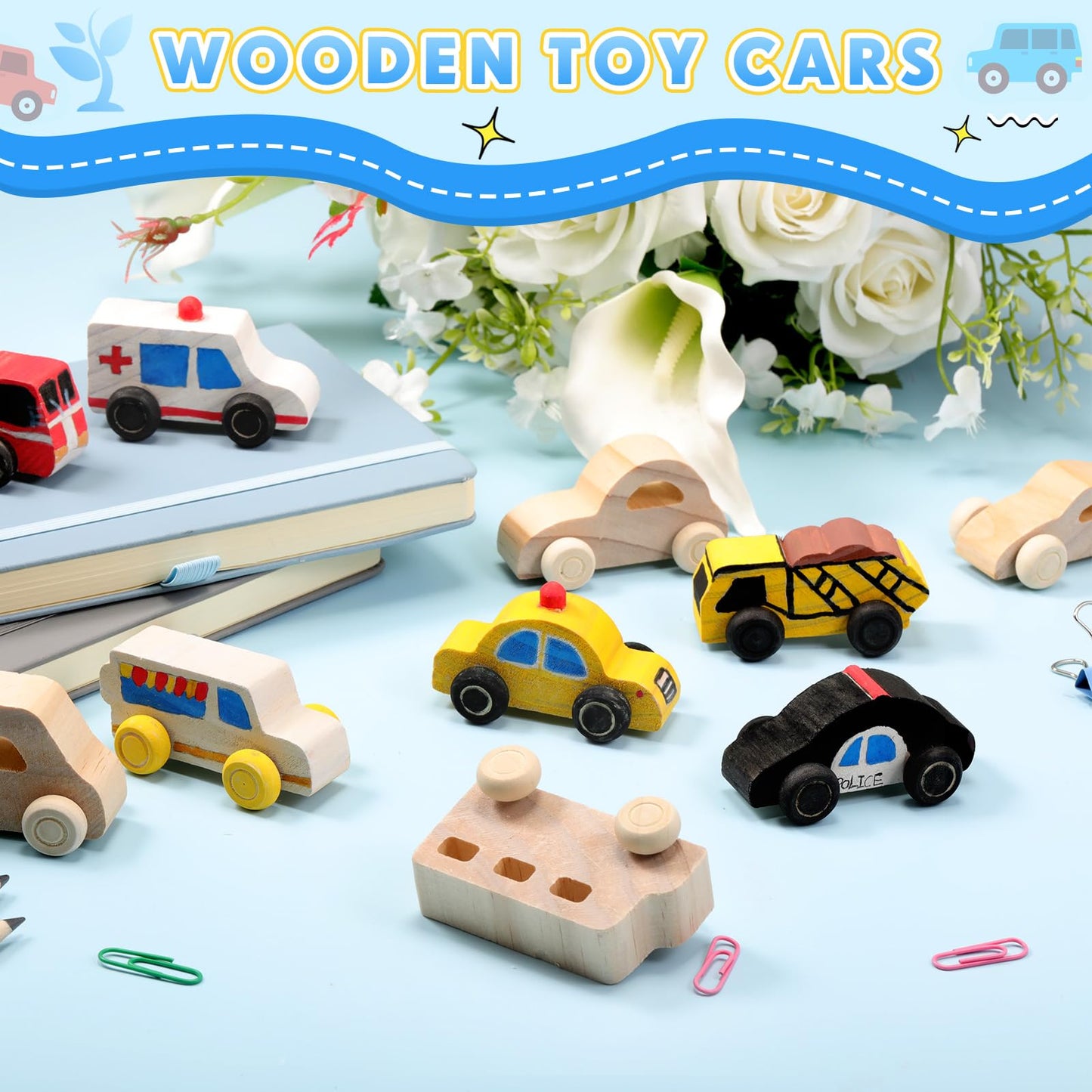 Leyndo 20 Pcs Unfinished Wooden Cars, Wood DIY Arts and Crafts Kit for Students Easy Woodworking Set Family Activities Trucks Race Cars Painting Projects