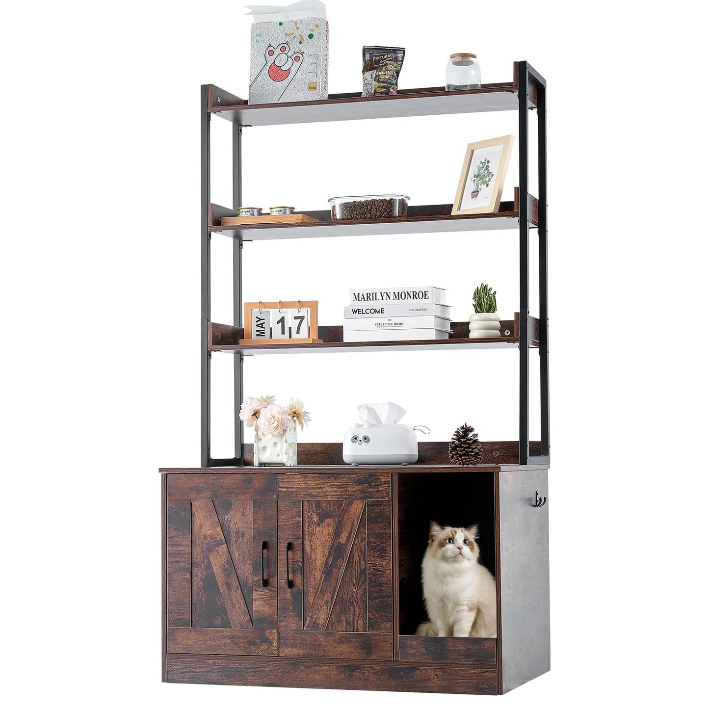 VEVOR Cat Litter Box Enclosure, Hidden Litter Box Furniture with 3 Storage Shelves, Wooden Cat Washroom Indoor, Large Cat House Cabinet Hidden Fit Most Litter Box, 33.5"L x 19.3"W x 58.7"H, Dark Brown
