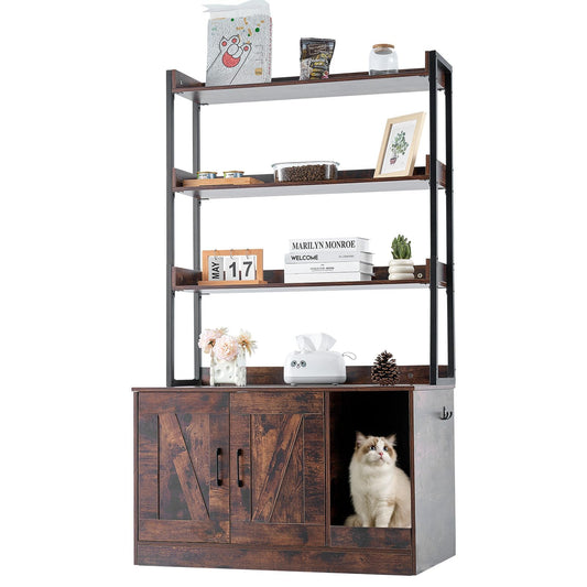 VEVOR Cat Litter Box Enclosure, Hidden Litter Box Furniture with 3 Storage Shelves, Wooden Cat Washroom Indoor, Large Cat House Cabinet Hidden Fit Most Litter Box, 33.5"L x 19.3"W x 58.7"H, Dark Brown