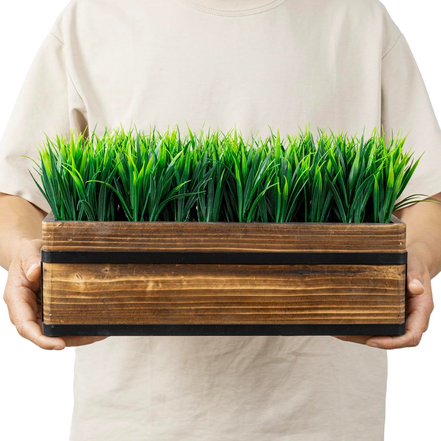 MyGift 14 Inch Artificial Green Grass Plant in Rustic Burnt Wood Planter Box with Industrial Black Metal Accents, Realistic Greenery Tabletop Centerpiece