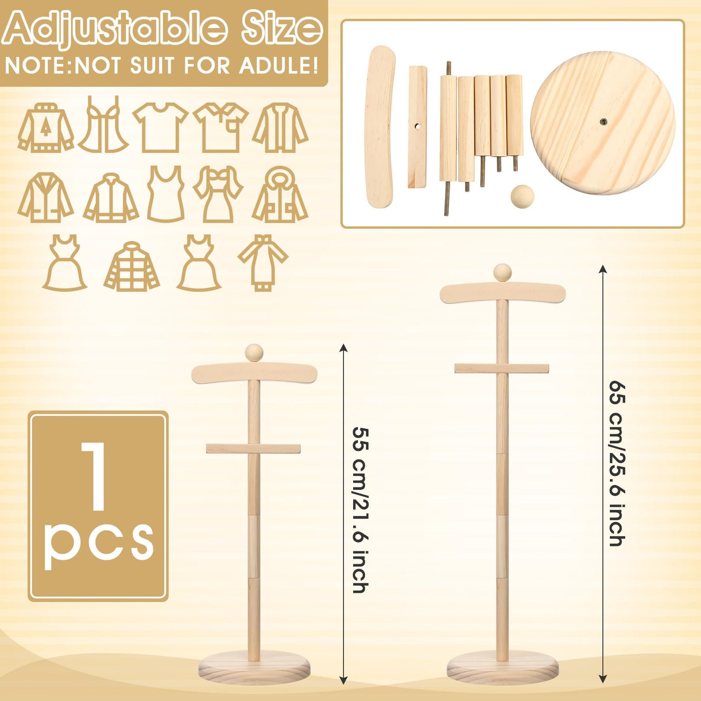 Bucherry 4 Pack Baby Clothes Display Stand Wooden Baby Shower Centerpiece Adjustable Height Circle Shaped Dress Hanger Doll Dress Outfit Stand Rack Hand Assembled Hangers Display Set (Wood Color)