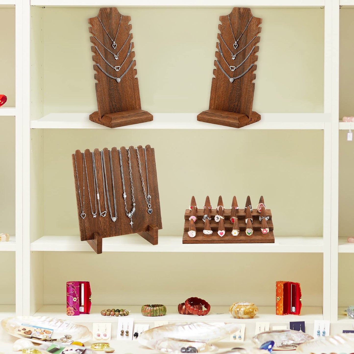 Jerify 4 Pieces Wood Necklace Display Holder Wood Plank Necklace Jewelry Display Ring Display for Selling Necklace Holder Stand Finger Ring Display for Jewelry Showcase Storage Home Display