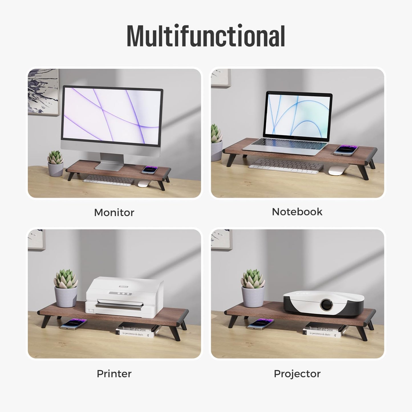 loukin Monitor Stand Riser for Desk, 22.4" x 8.3" Larger Computer Stand for Laptop, PC, Printer, Sturdy Desktop Computer Shelf with Non-Skid Rubber, Home Office (Brown)