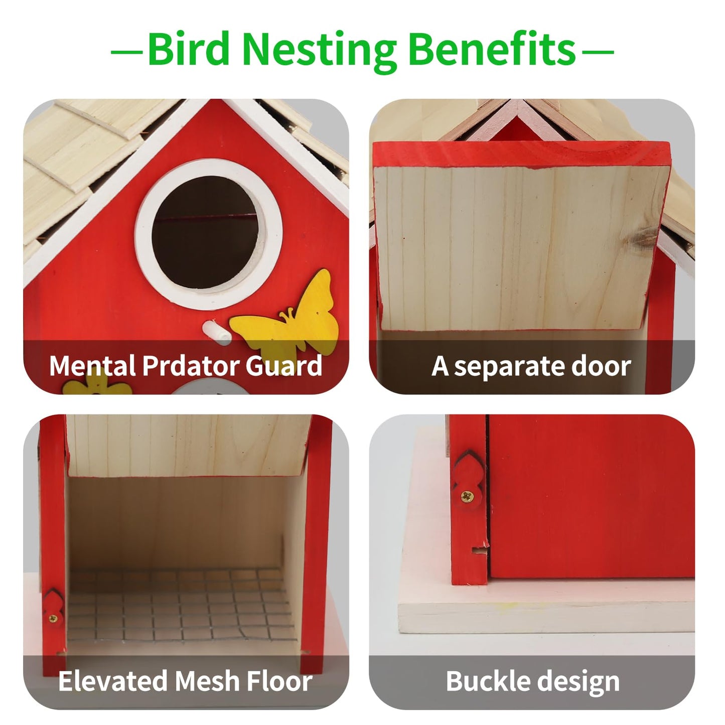 Wooden Bird Houses Bird House for Outside,Red Wood Bird House for Outdoors, Nesting Box with Sturdy Rope, Haing Bird Houses for Garden Blue Bird Hummingbird Wren Cardinal Swallow Sparrow Finch