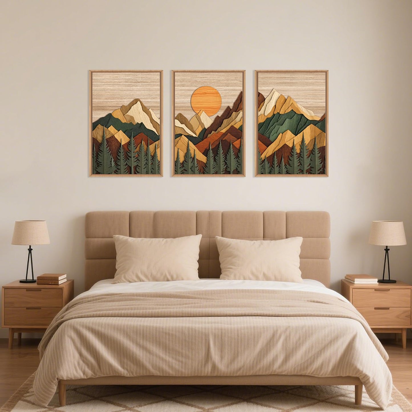 Celestdeco Large Woodcut Style Mountain Framed Canvas Wall Art Set, Woodsy Rustic Ridge Wall Decor, Boho Pine Tree Forest Wall Painting, Abstract Sunrise Wooden Art Print for Living Room, Bedroom, Office - 16"X24"X3 (Not-3D Effect)