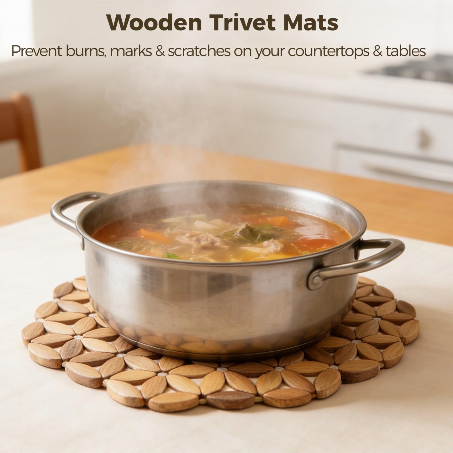 8 Pcs Bamboo Trivet Mat, 9.45 in Heat Resistant Table Protector Mats, Hexagonal Flower Design Hot Pads for Hot Dishes, Tea Coffee Pot, Plates, Pans and Bowls, Dining Kitchen Use