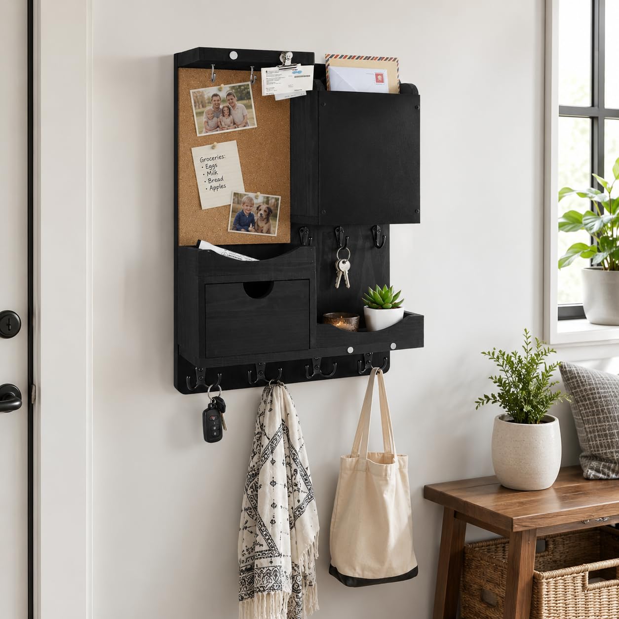 HEKOOLA Key Holder Wall Mount, Mail Organizer Key Holder for Wall with Shelf, Drawer, Chalkboard, Corkboard, Home Decor Mounted for Room Entryway (Black)