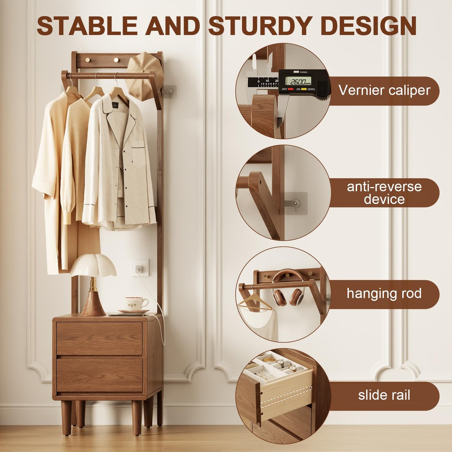 Solid Wood Coat Rack Freestanding,Standing Coat Rack with 2 drawers,Clothing Racks for Hanging Clothes,Narrow Hall Tree with Storage,Walnut Nightstand with 6 Coat Hooks for Bedroom Entryway Corner