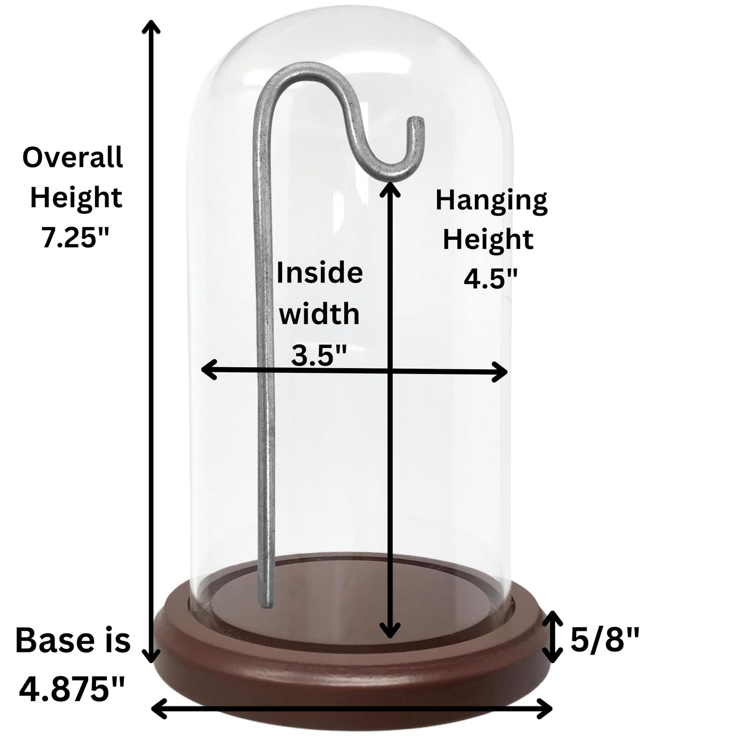 Clear Glass Dome with Hook & Wooden Base – 7.25" H x 4.875" W Cloche Display Case – Hanging Glass Bell Jar for Figurines, Ornaments, Jewelry & Collectibles – 4.5" Interior Hanging Height