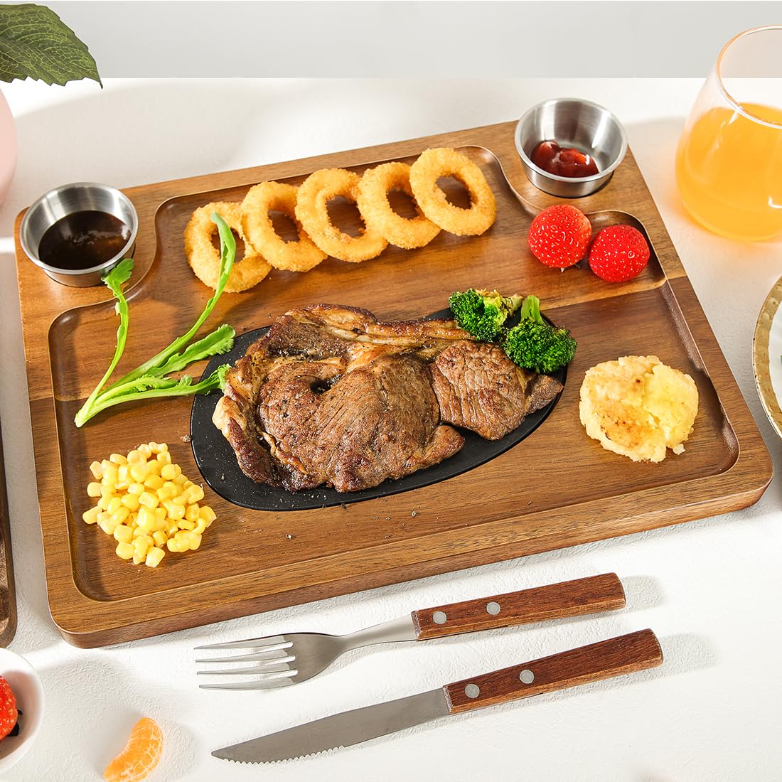 HALE OTEIR Acacia Wood Steak Plates - Steak Plate Cutting Board 2 Sauce Cups for Meat Cheese Appetizers, Wood Serving Board, Charcuterie Board Platter Perfect for Housewarming, Christmas, Mother's Day