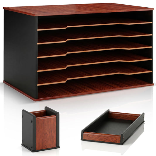DL Davis lorence Wooden Paper Organizer 20.25"W x 12.25"H x 13.25"D, 6-Tier Storage for 12"x18" & 11"x17" Sheets, Includes Matching Pen Holder & Tray, Ideal for Office, Home, Art Room and Classroom