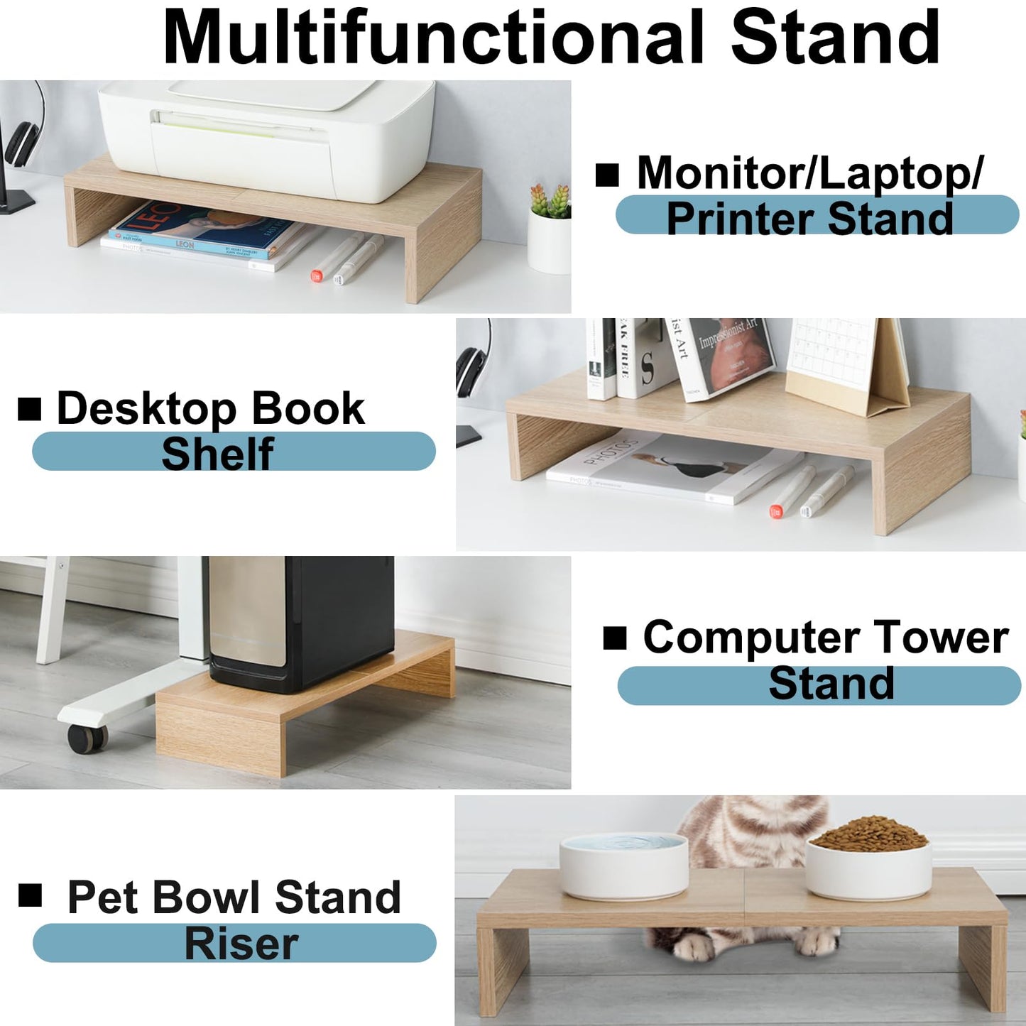 TEAMIX 2 Pack Monitor Stand Riser-20 inch, Wooden Desktop Riser for TV/PC/Laptop/Printer, Cozy Monitor Riser with Storage, Computer Stand Space-Saving