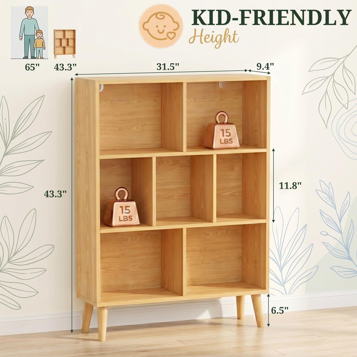 SageNest 7 Cube Bookshelf, 3 Tier Mid-Century Modern Bookcase with Wooden Legs, Heavy Duty Cubby Storage Organizer Display Shelf for Living Room, Bedroom & Office, Deep Natural