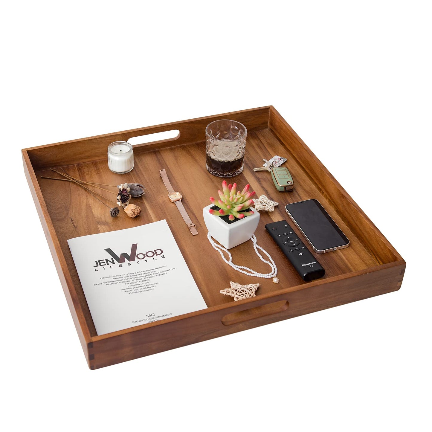 Serving Tray with Handles, 22 inch Large Square Ottoman Tray Coffee Table Tray, Wooden Trays Decorative Trays for Party, Food Serving, Breakfast, Dinner, Coffee Tea, Appetizers