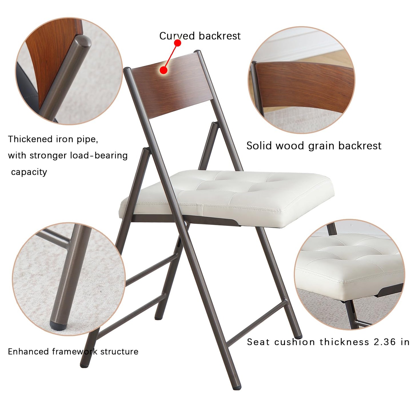 mollveesen 2 Pack Folding Chairs with Thick Padded Seat,Heavy Duty Steel Frame Foldable Dining Chairs with Soft Cushion Set of 2,Portable Indoor Outdoor for Home Kitchen,Office,Events,Wedding(White)