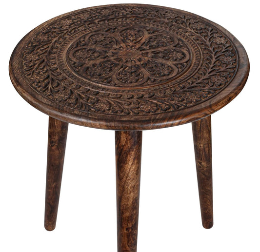 Side Tables Round with 3 Legs-Small Drink Table for Small Spaces, Modern Accent Nightstand with Hand-Carved Top & Solid Wood end Tables for Living Room, Bedroom,Office – Burnt Finish_18x22