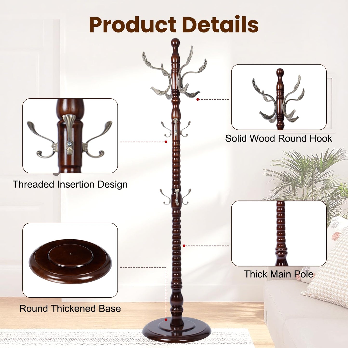 YFYUA Freestanding Coat Rack with 14 Hooks, Sturdy Wooden Hall Tree for Entryway, Heavy-Duty Disc Base,for Hanging Hats, Jackets, Bags, Easy Assembly for Bedroom, Hallway, Office