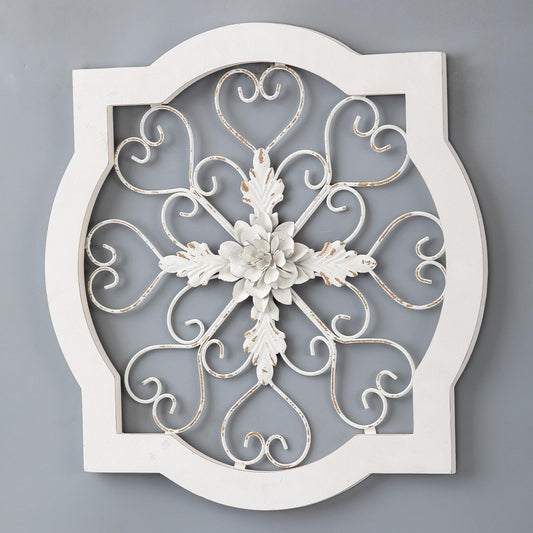 Sintosin Vintage Wrought Iron Wall Decor 20 Inches, Hanging Distressed White Farmhouse Rustic Wood Framed and Metal Flower Medallion Wall Art for Entryway Hallway Living Room Bedroom Bathroom