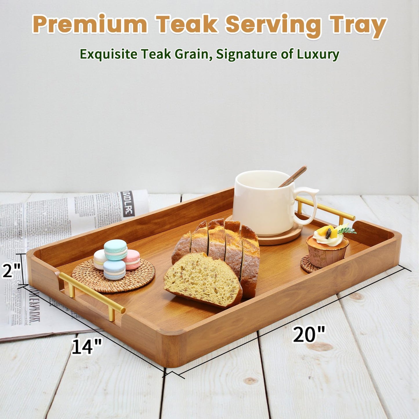 Fopeat Solid Teak Wood Serving Tray with Handles, 20"x14"x2" Large Ottoman Tray for Living Room Kitchen Party, Decorative Rustic Rectangular Tray for Home Coffee Table Breakfast Dinner Bar