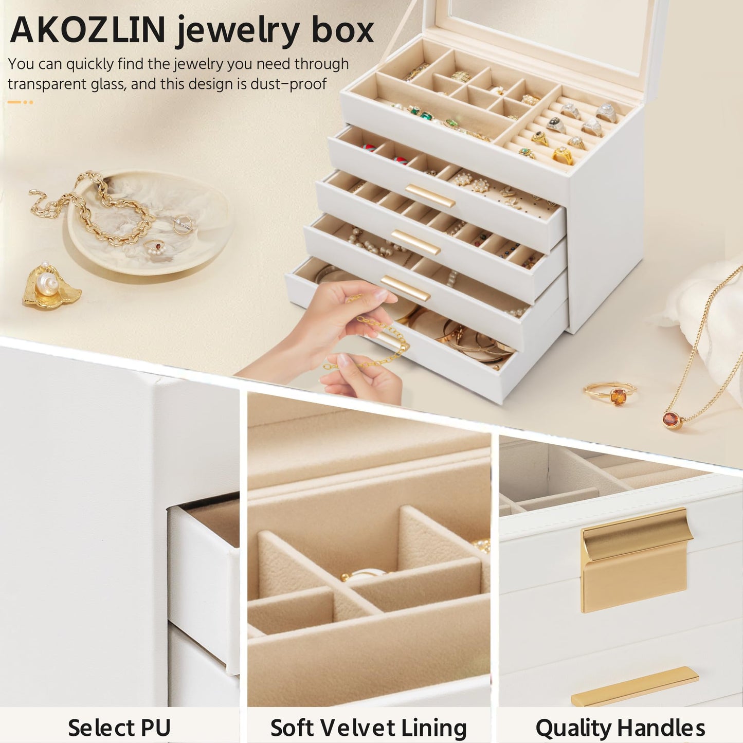 AKOZLIN 5-Tier Jewelry Box with Clear Glass Lid Functional Leather Jewelry Storage Organizer Case 4 Drawers for Women Girls Necklace Ring Bracelet Earring