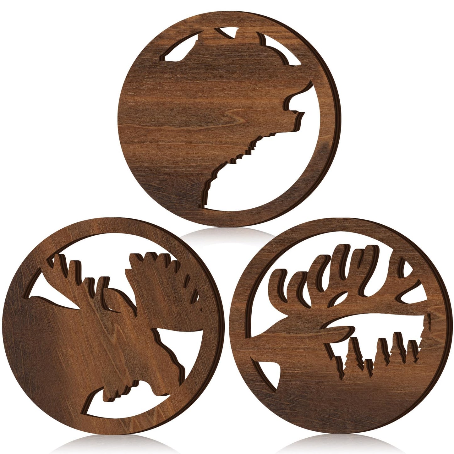 Beeveer 3 Pcs Bear Deer Moose Trivets for Hot Dishes, Wooden Decorative Trivets Cabin Theme Pot Holders Heat Resistant Hot Pad Rustic Lodge Kitchen Home Decorations, 7.9 Inch