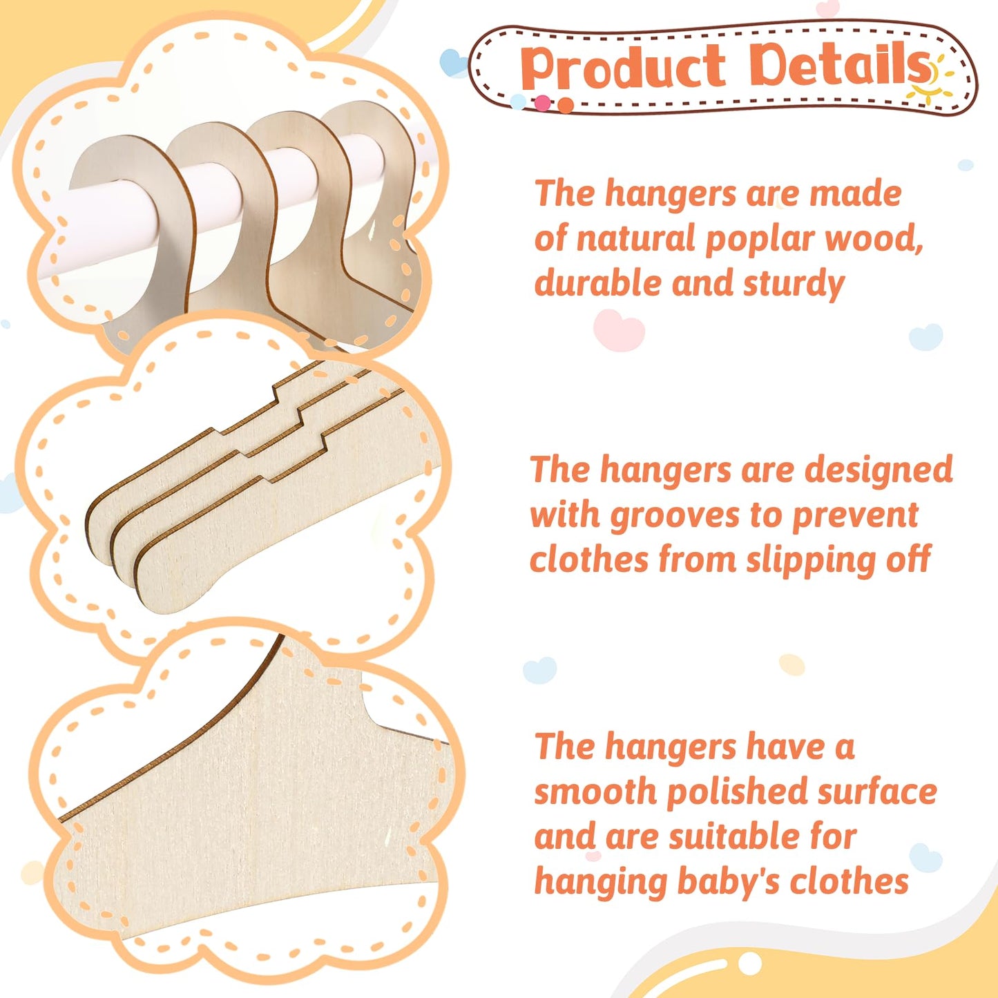 30 Pcs Baby Hangers, 9 x 4.7 Inch Baby Clothes Hangers Cute Non Slip Kids Wooden Hanger for Babies, Toddlers and Children's Coats, Dresses, Pants and Jackets (Wood Color)
