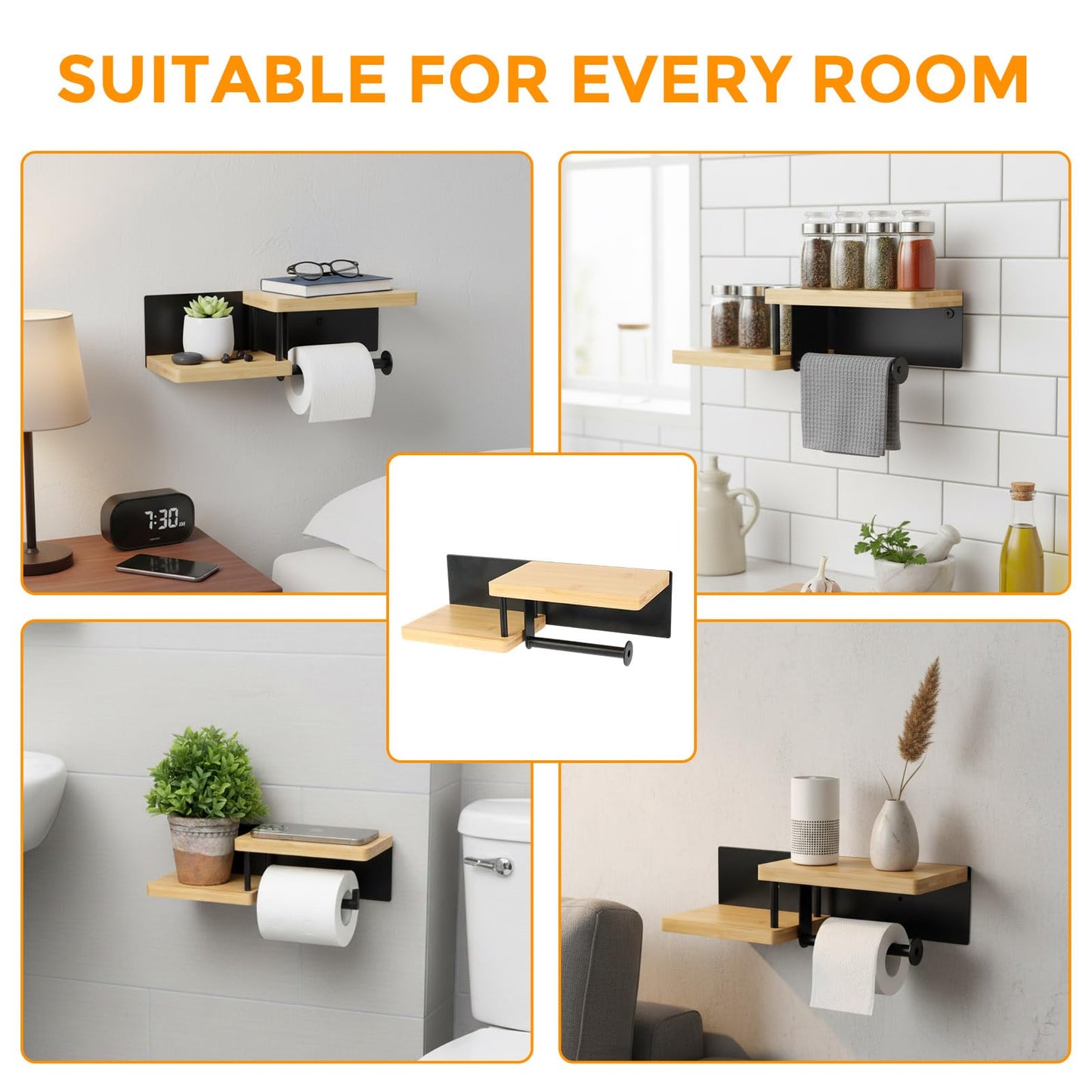 Toilet Paper Holder with Shelf, Wall Mount Toilet Paper Roll Holder with Wooden Shelf & Matte Black Stainless Steel Pipe, Bathroom Organizer for Roll Tissue, Phone, Wipes, Plant for Bathroom, Washroom