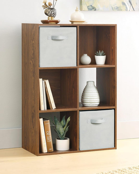 Whitmor 6 Cube Bookcase Storage Organizer, 3 Tier Stackable MDF Bookshelf, Open Storage Display Shelf, Storage Cabinet for Living Room, Bedroom, Home, Office, 23.9" L x 11.7" W x 35.5" H, Walnut