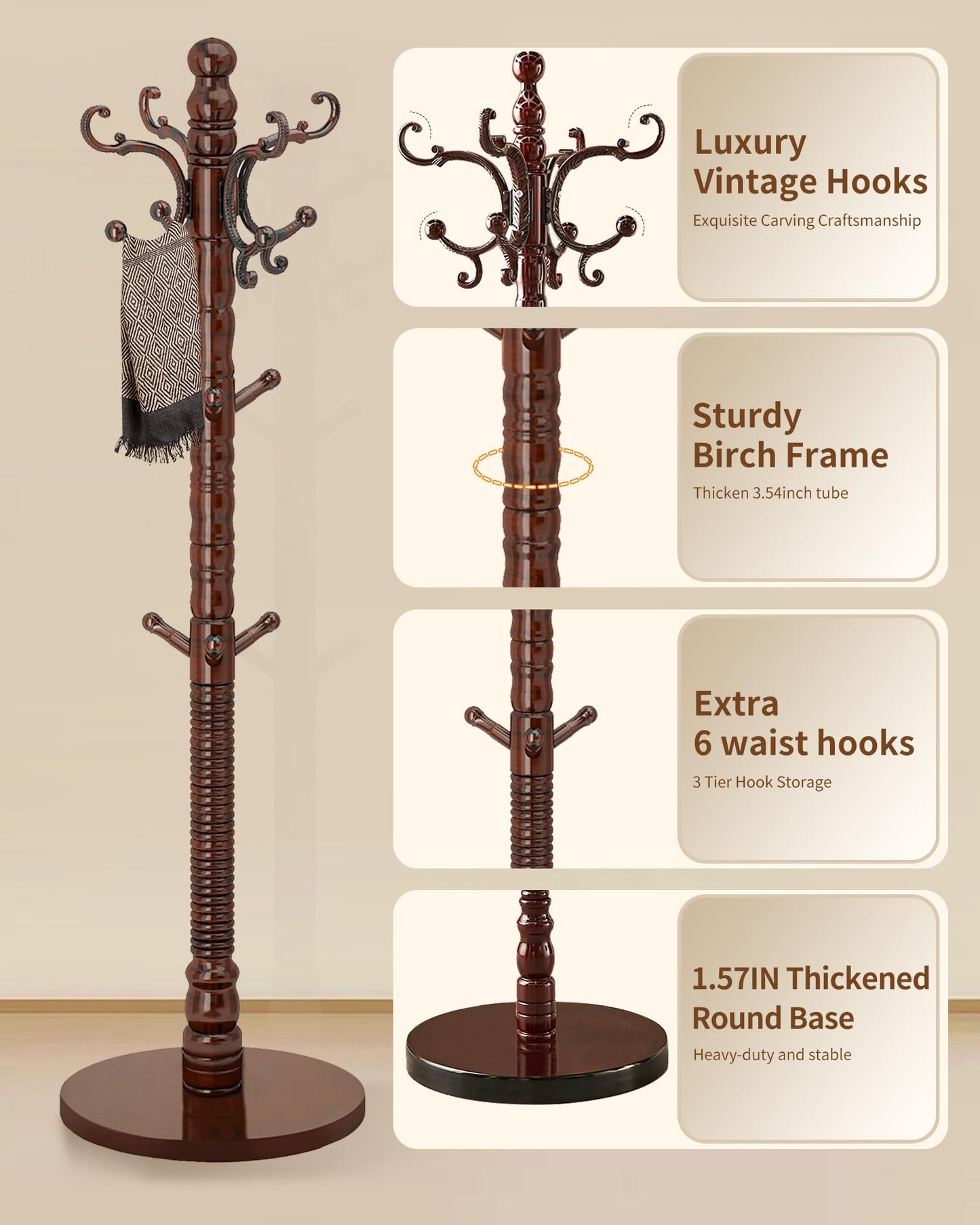 EZIVIEV Wooden Coat Rack Stand, Solid Wood Freestanding Coat Rack, Vintage Coat Racks with 14 Hooks & Disc Base, Standing Coat Hanger Jacket Tree Stand for Office, Entryway, Hallway