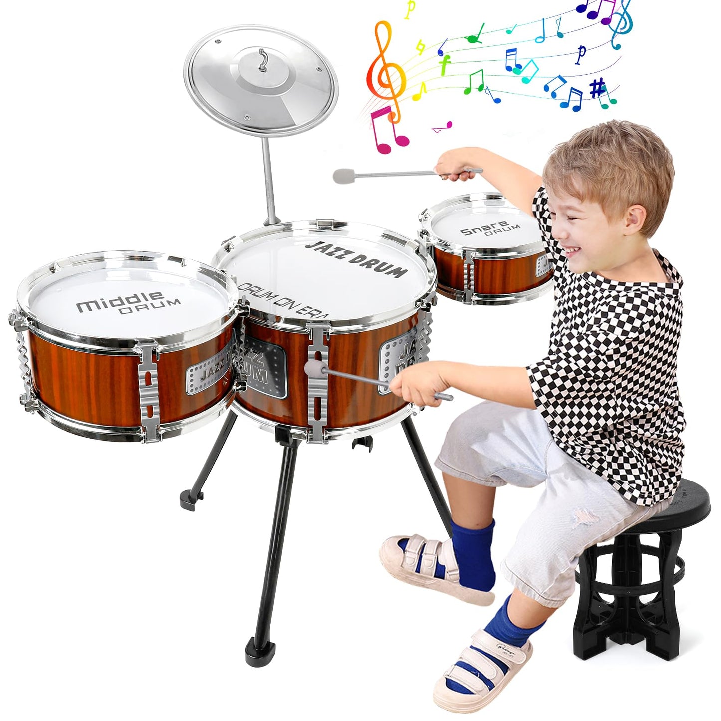 Kids Drum Set Music Toy Drum Set for Toddlers Ages 3-5 Jazz Drums Kit with Stool, 3 Drums Percussion Musical Instruments Toys for 3 4 5 Year Old Boys Girls Gifts