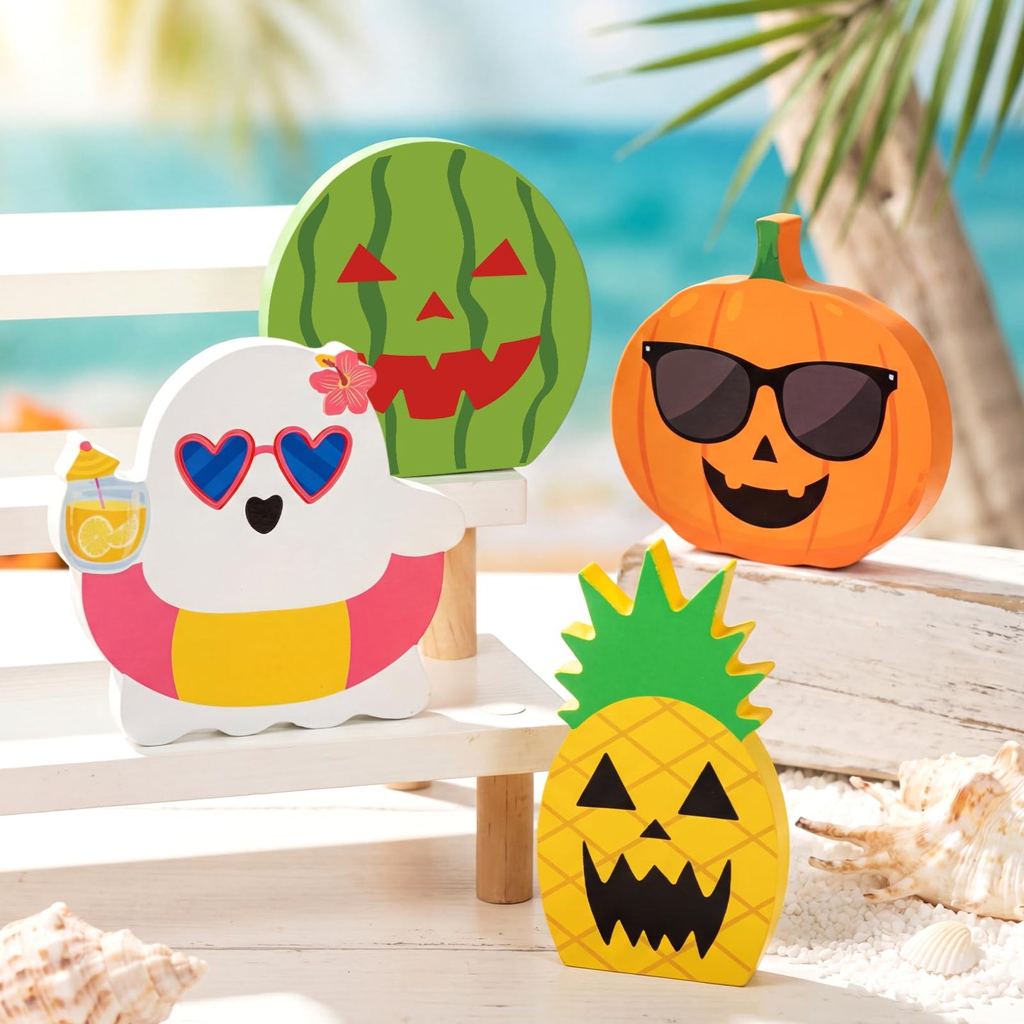 Kathfly 4 Pcs Summer Halloween Tiered Tray Decor Tropical Wooden Table Signs Spring Hawaii Ghost Pumpkin Watermelon Pineapple Decorative Trays for Halloween in Summer Shelf Desk Display Party Gifts
