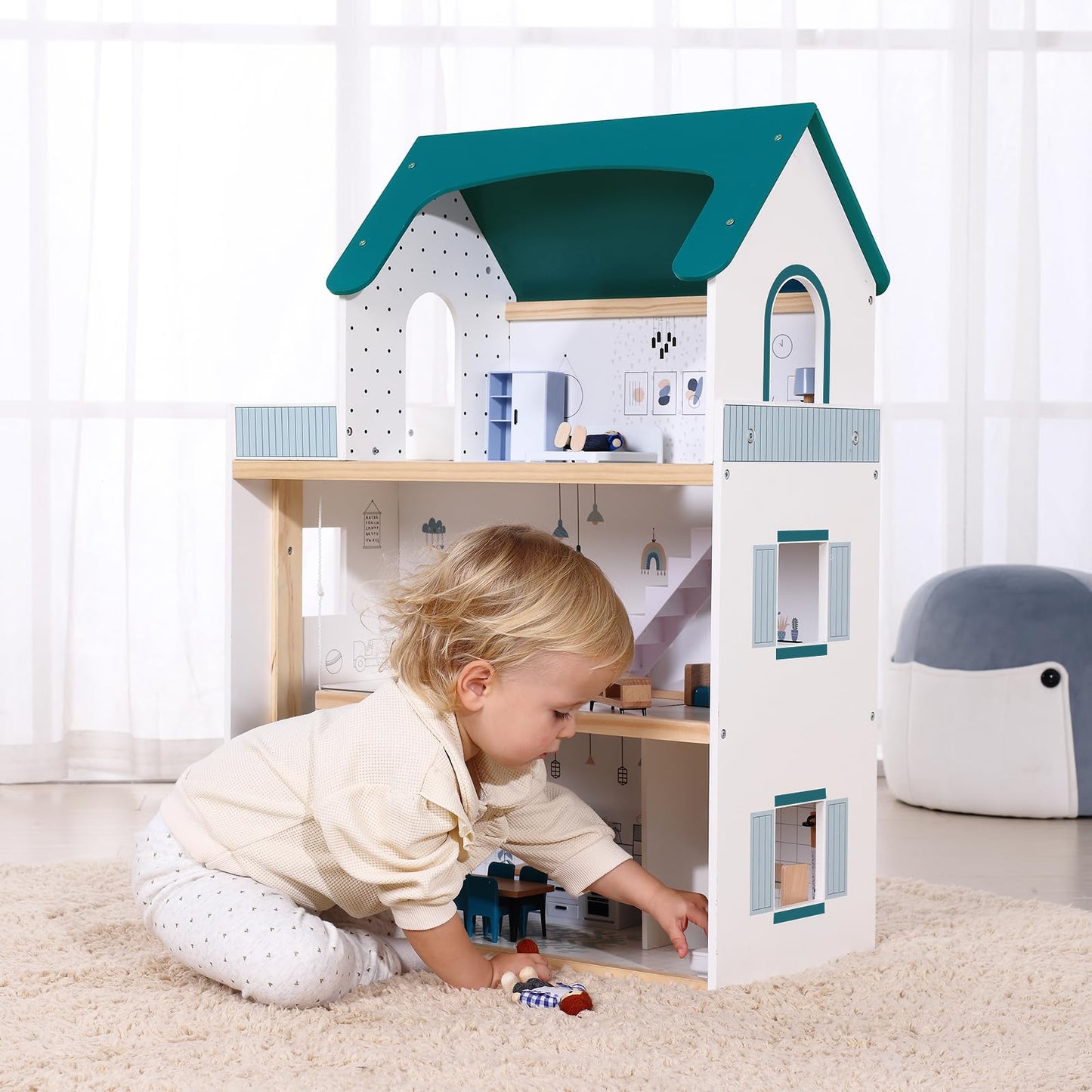 OOOK Wooden Dollhouse with Liftable Elevator - 2.6 Feet High Modern Doll House for Kids Toddlers - Including 21 Furniture Pieces, 4 Family Dolls, and 1 pet