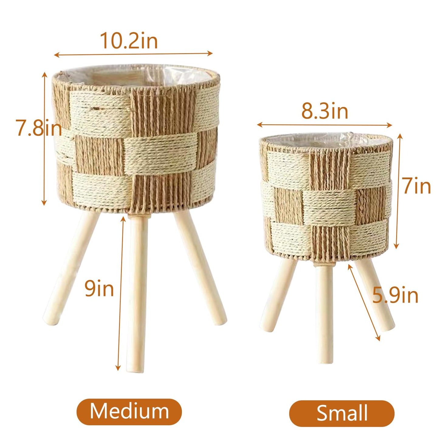 LiliGloris Boho Rattan Plant Stand Set of 2 – Handwoven Wicker Mid-Century Modern Floor Planter Stand for Indoor Plants, Large Farmhouse Decor, Sturdy Wood & Rope Design, Housewarming Gift