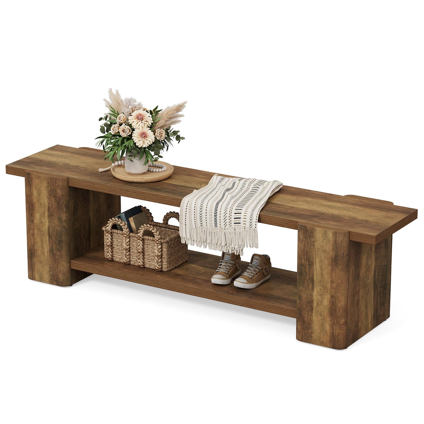 LITTLE TREE Wood Entryway Bench, 63" End of Bed Bench with Storage Shelf, Farmhouse Extra Long Shoe Bench for Entryway, Dining Room, Hallway, Living Room, Bedroom, Double-Reinforced Legs, Brown