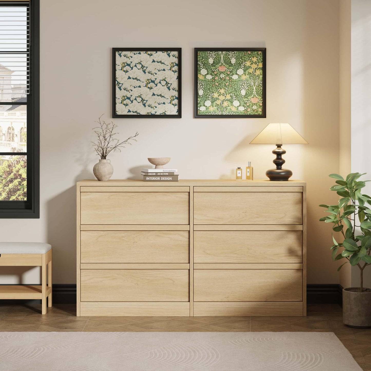 Garvee 6 Dresser for Bedroom, 46.7" Wide Dresser, Freestanding Horizontal Drawer with Storage, Wooden Closet Chest Storage for Living Room, Hallway, Entryway, Natural Oak